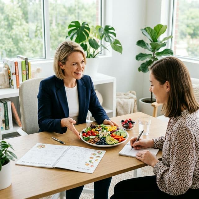 Professional nutritionist discussing a fresh, healthy meal plan with a client