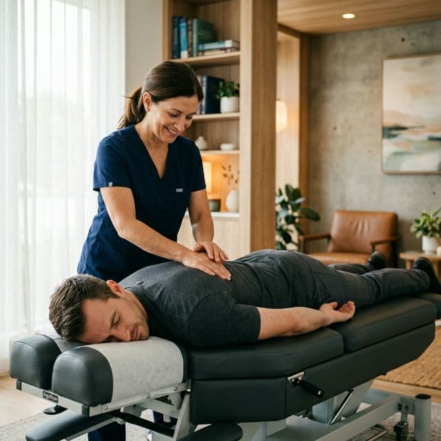 Professional chiropractor performing a back adjustment