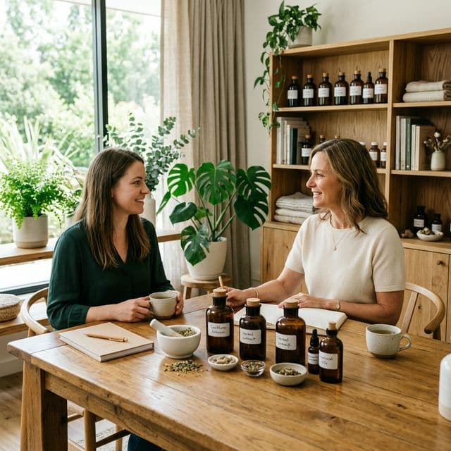 Qualified naturopathic doctor consulting with a patient over herbal medicine