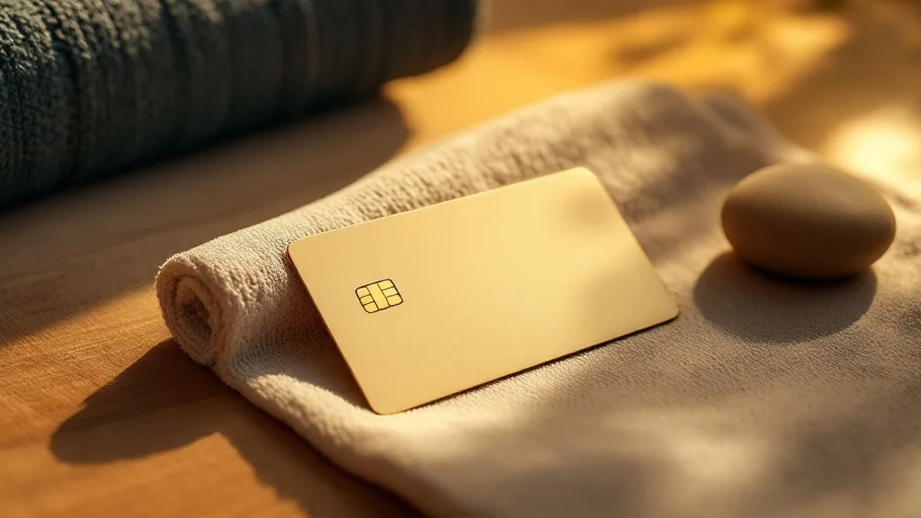 A payment card resting on a folded towel beside a massage table, in warm natural light.