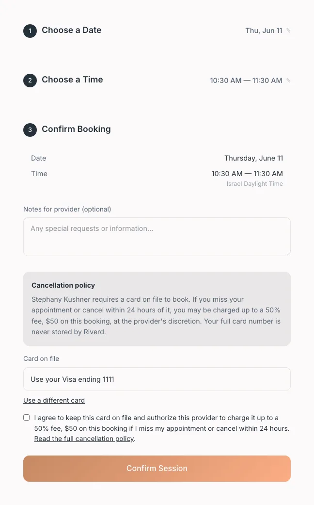 Booking flow step showing a Square card field and a saved-card option for a returning client.