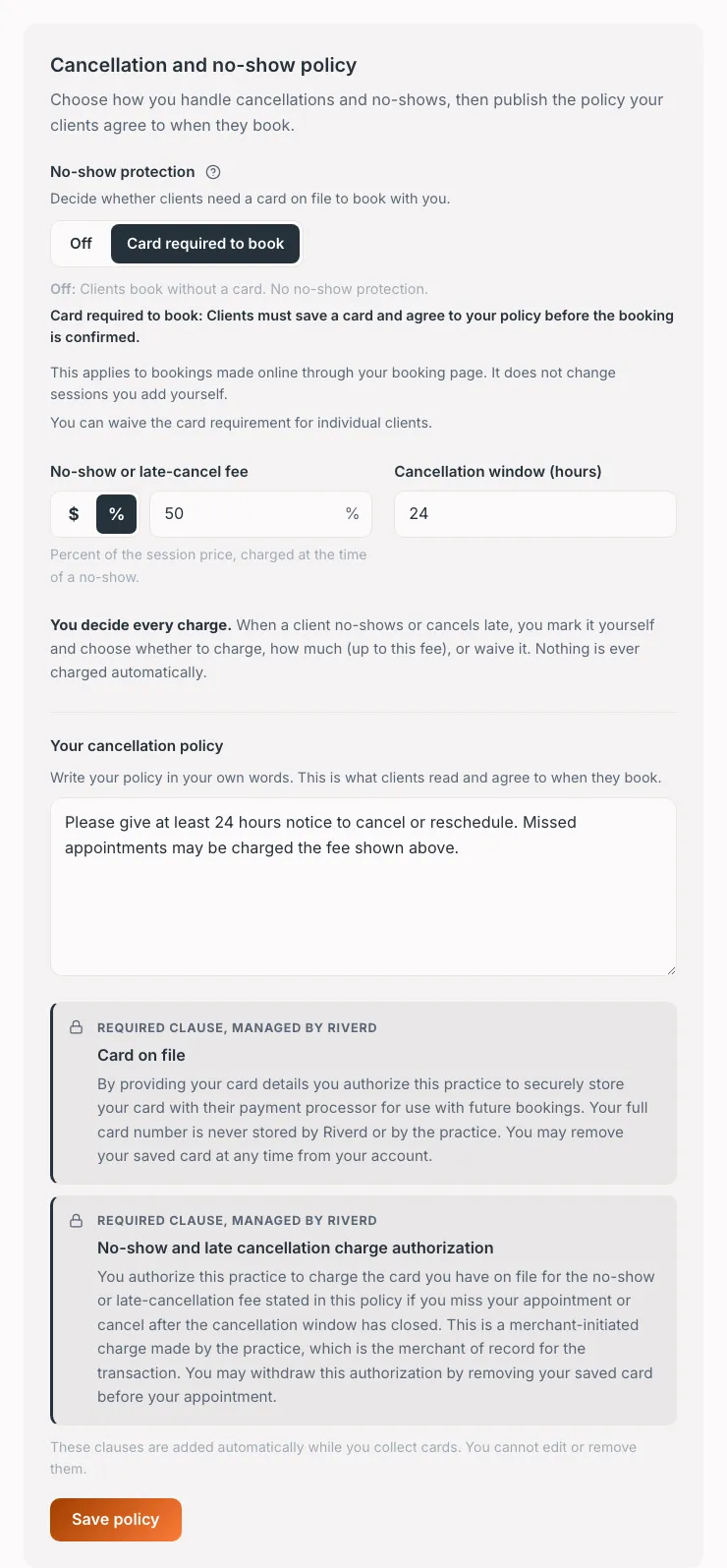 No-show policy settings with a control for off or card required to book, plus a fee amount and cancellation window.