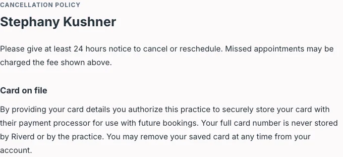 Public practice policy page showing the cancellation notice and the card-on-file terms a client reads before booking.