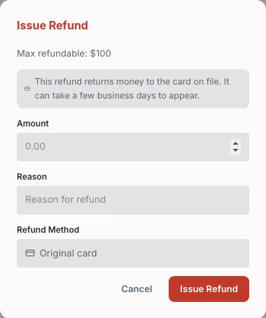 Refund dialog on a session, showing full and partial refund options tied to the original card.