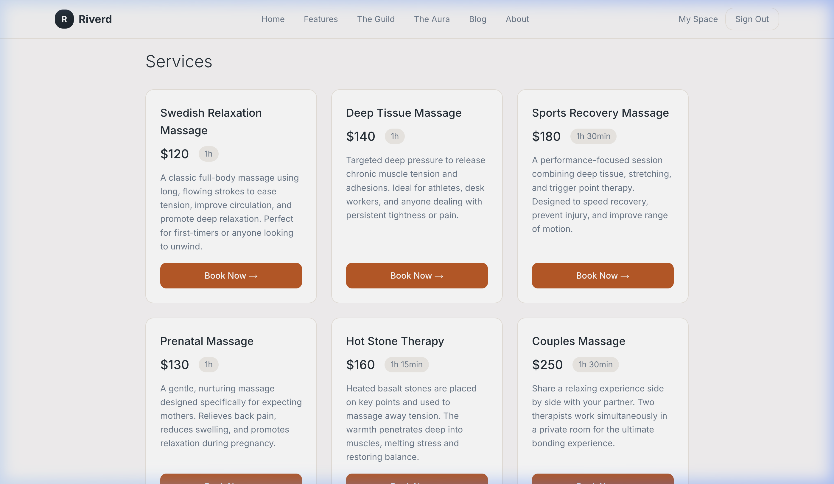 Service selection step in the booking flow