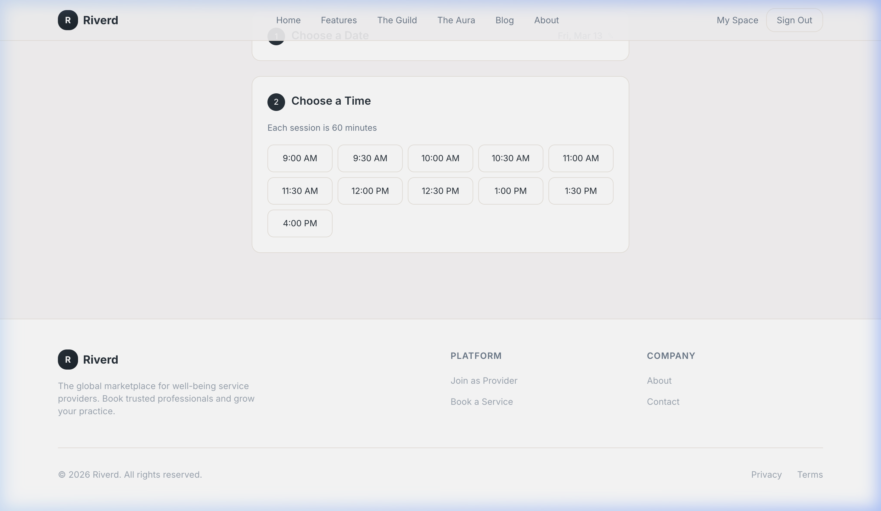 Calendar time slot selection in the booking flow