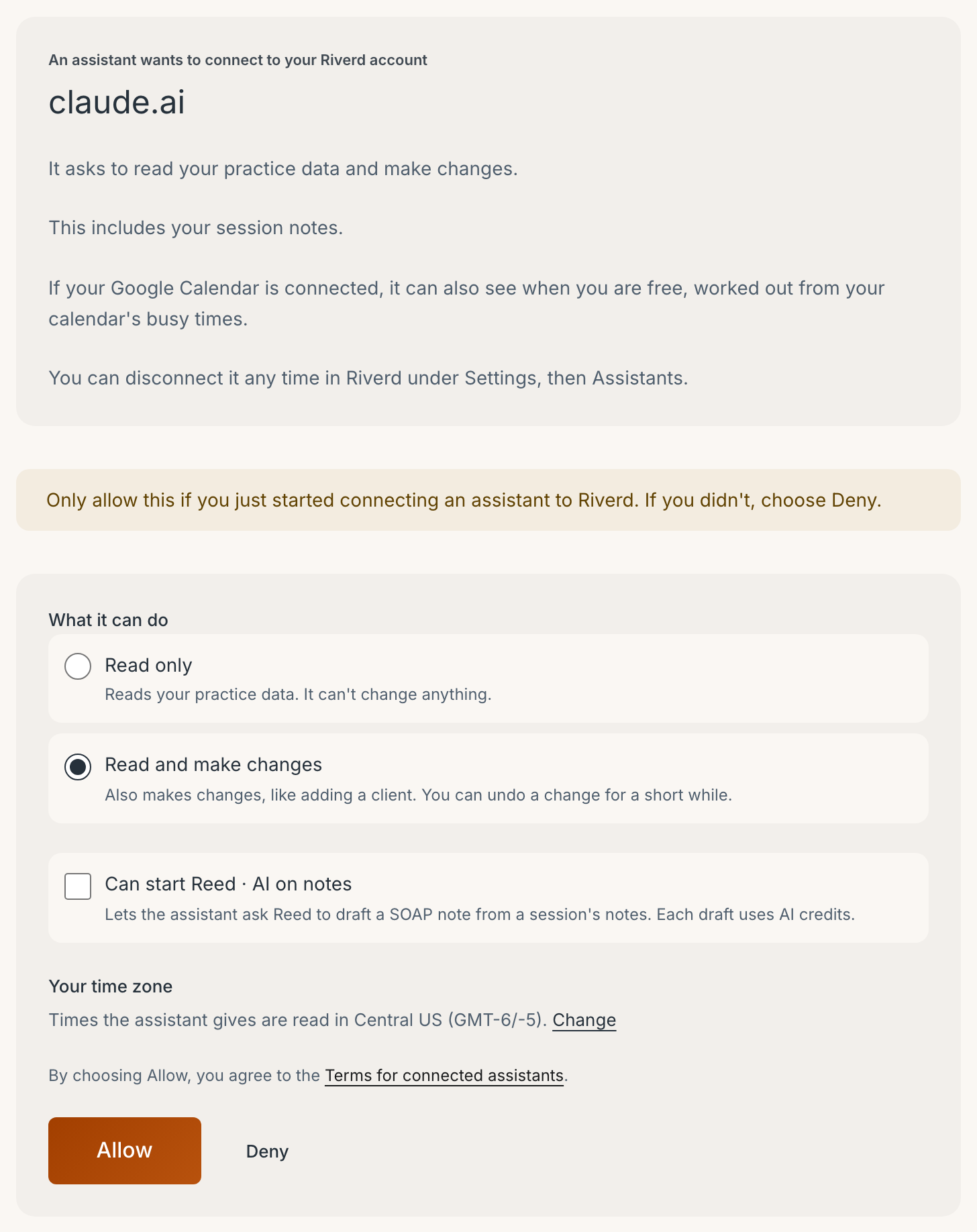 The Allow access page for claude.ai, with What it can do, Can start Reed · AI on notes, your time zone, Allow and Deny
