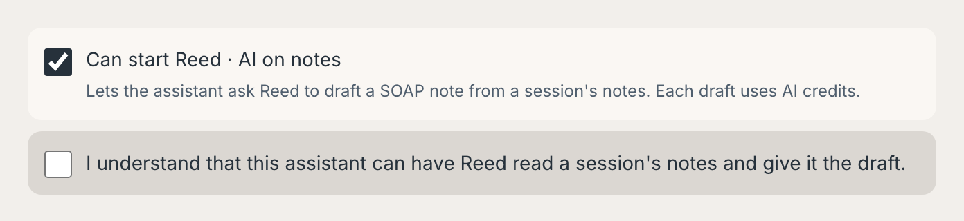 Can start Reed · AI on notes ticked, with the box to confirm below it