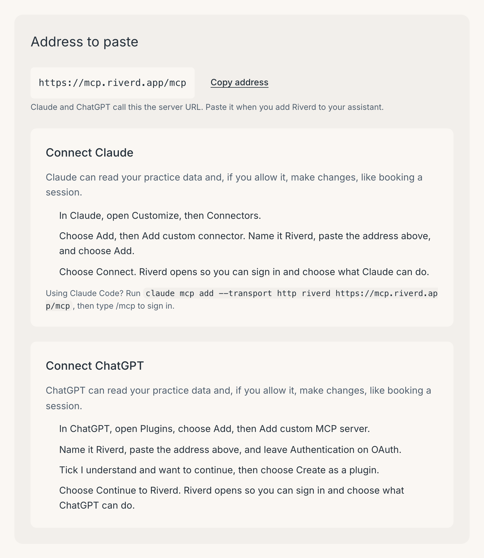 Settings, Assistants: the address to paste, Copy address, and the steps to connect Claude and ChatGPT