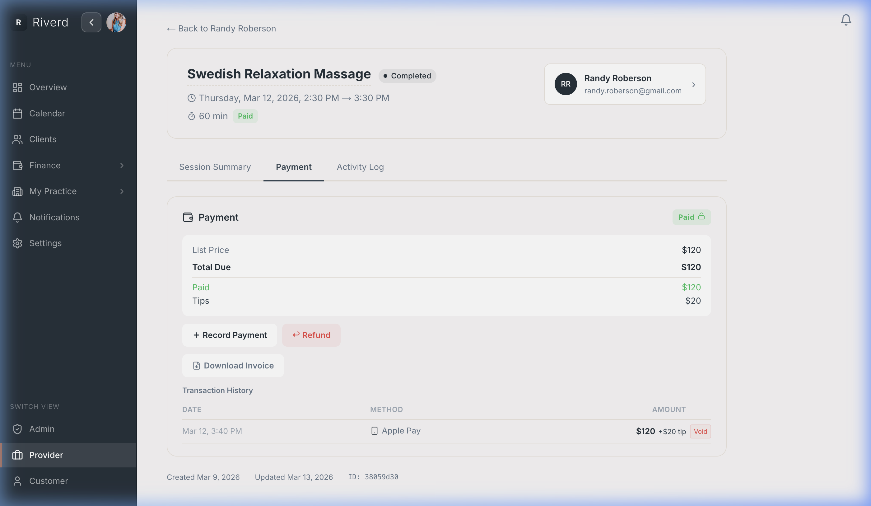 Session payment with discount and pricing details