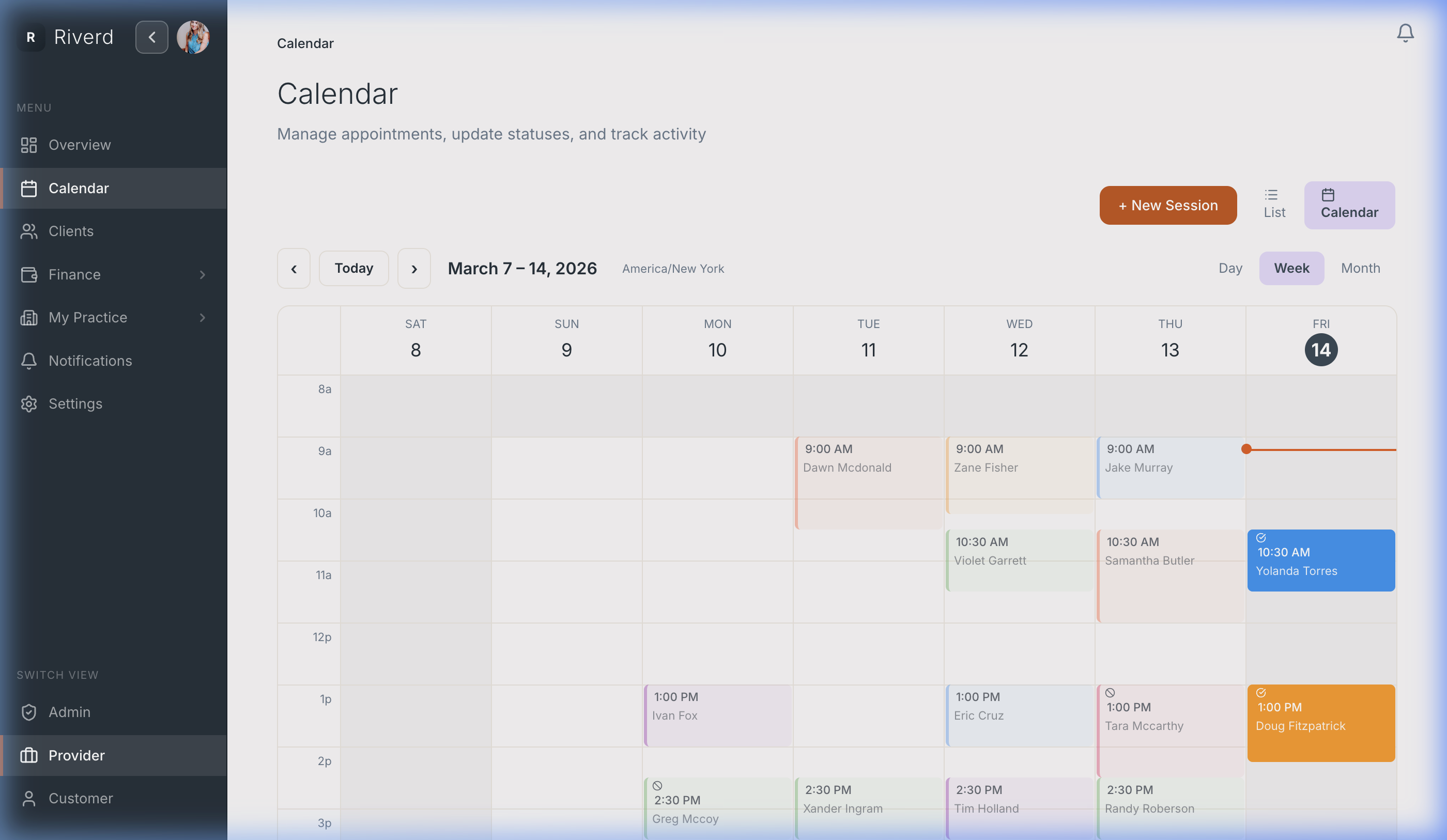 Sessions list with booking status and quick actions
