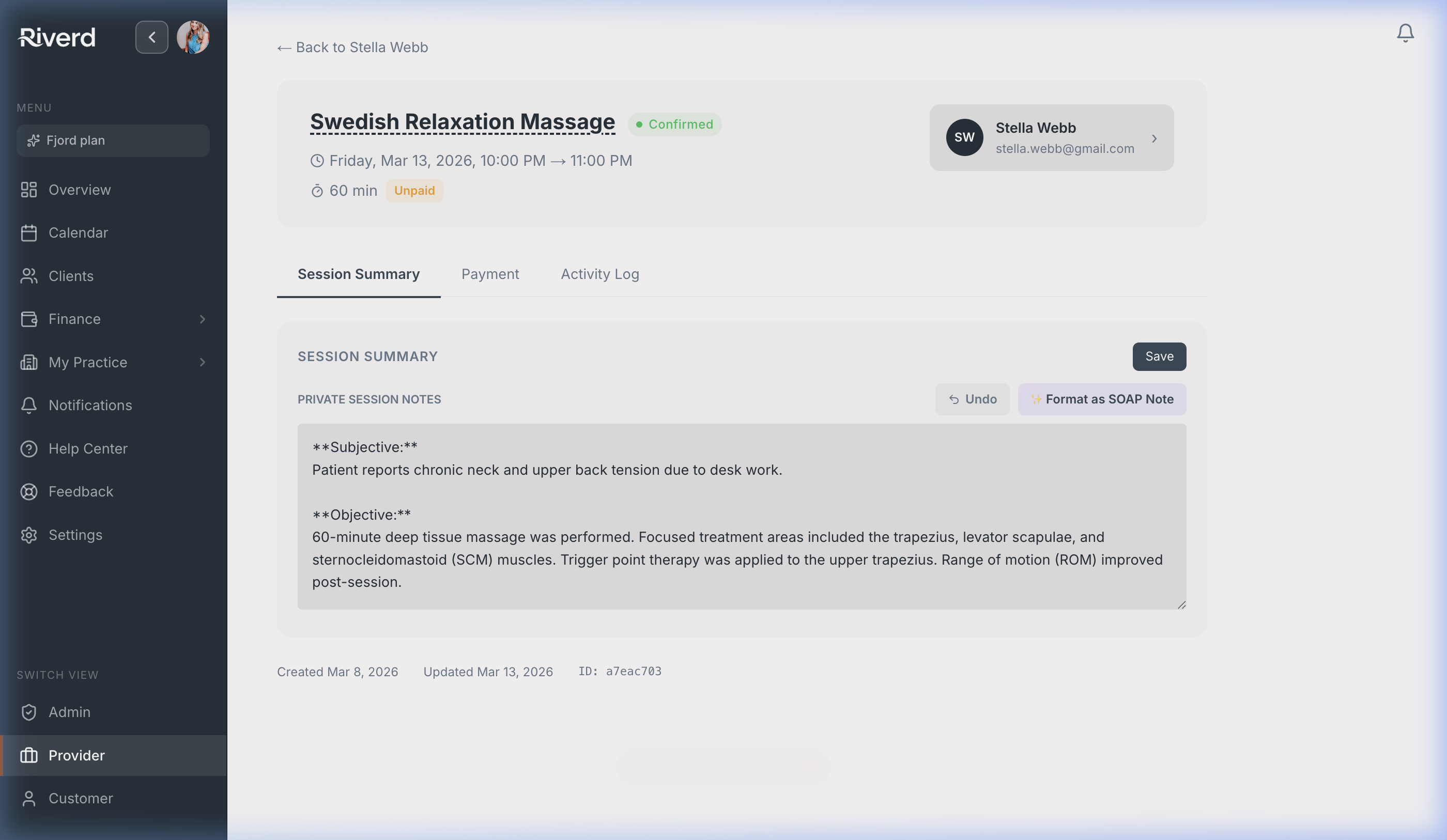AI-generated SOAP note with Subjective, Objective, Assessment, and Plan sections